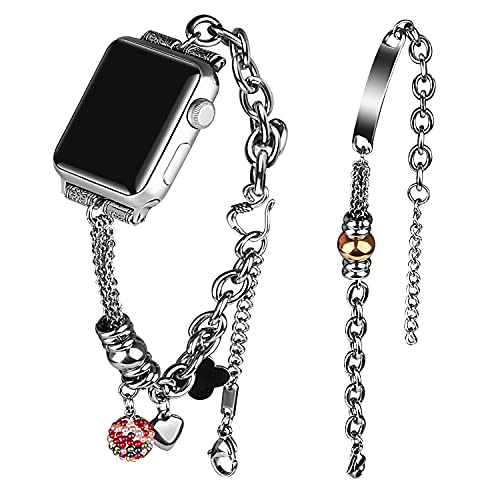 VIIVY VIYIV Bling Bands Compatible with Apple Watch Band 38mm 40mm 41mm 42mm 44mm 45mm Iwatch SE Series 7/6/5/4/3/2/1, Women’s Rhinestone Charms Strap Double Tour Chain Bracelet Wristband Stainless Steel