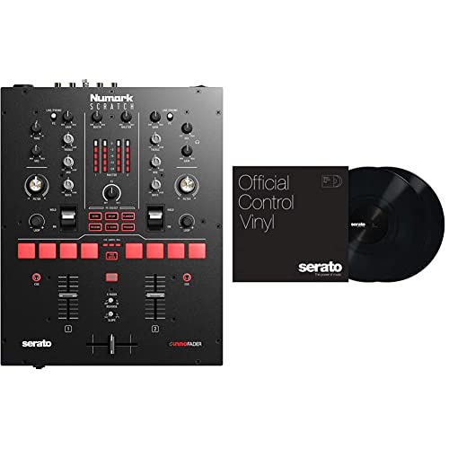 Numark Scratch | Two-Channel DJ Scratch Mixer for Serato DJ Pro (included) With Innofader Crossfader, 6 Direct Access Effect Selectors & Serato Control Vinyl Black, 12″ Pair (SCV-PS-BLK-OJ)
