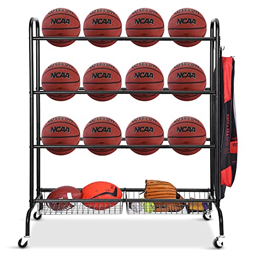 FHXZH Ball Storage Garage, Basketball Racks, Ball Holder , Rolling Sports Equipment Storage Cart with Baskets and Hooks , Garage Sports Equipment Organizer with Wheels