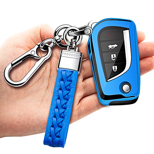 for Toyota Key Fob Cover with Keychain Soft TPU Full Protection Key Fob Case Compatible with Fortuner tundra Camry RAV4 Highlander Corolla Smart Key (Blue)