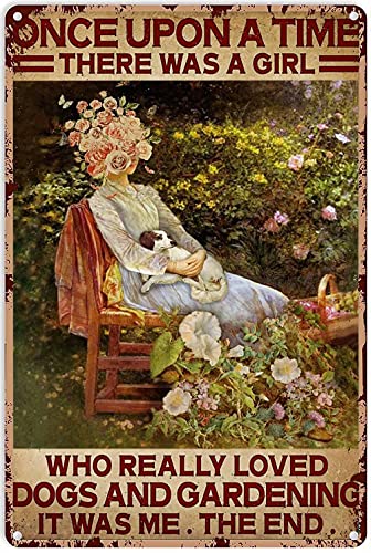 VDUEOJE Garden Iron Poster,A Girl Loves Dogs and Gardening,Vintage Tin Sign for Bedroom Home Hotel Bar Cafe Outdoor Wall Decoration 8×12 Inch