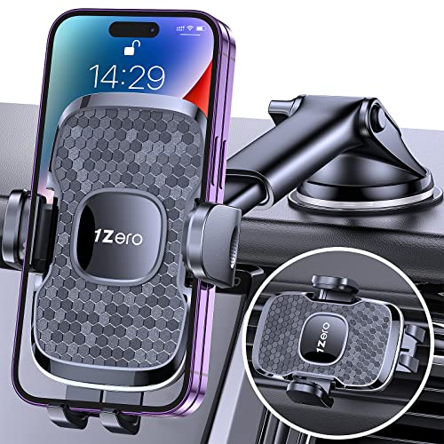 1Zero Phone Mount for Car [Heavy Duty Super Suction] Car Phone Holder Mount for Dashboard Windshield Air Vent [Thick Case & Big Phone Friendly] 3 in 1 Cell Phone Holder for iPhone Samsung All Phones