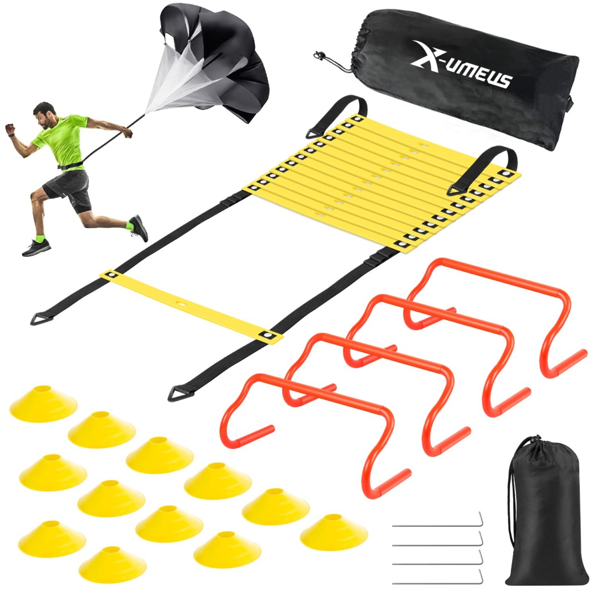 X-UMEUS Agility Ladder Speed Training Equipment Set – Includes 20ft Agility Ladder, Resistance Parachute, 4 Agility Hurdles, 12 Disc Cones for Training Football Soccer Basketball Athletes | The Storepaperoomates Retail Market - Fast Affordable Shopping