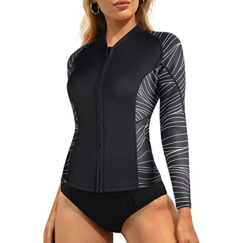 CtriLady Wetsuit Top Women Wetsuit Long Sleeve Jacket, Neoprene 1.5mm High-Necked Wetsuits with Front Zipper for Swimming Diving Surfing Boating Kayaking Snorkeling (Black 2, Medium)