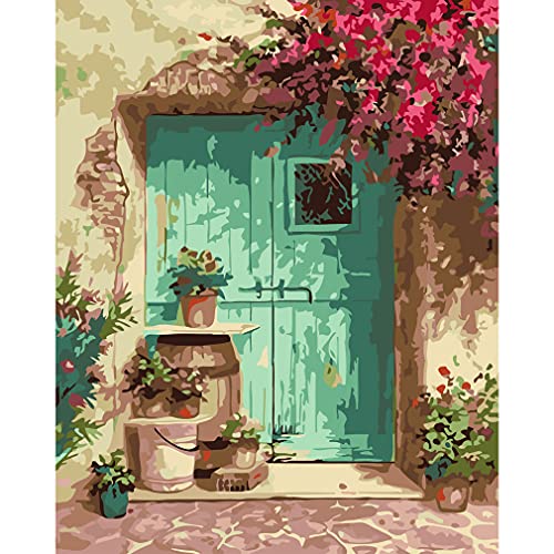 eniref Paint by Numbers for Adults, Paint by Numbers for Adults Beginner Blue Door with Flower , Acrylic Paint Adults’ Paint-by-Number Kits Home Decor 16X20Inch