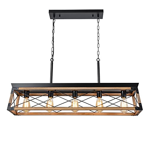 Aivvus 37.8 inch Farmhouse Wood Chandeliers, Rectangle 5 Lights Dining Room Lighting Fixtures Hanging, Kitchen Island Cage Industrial Pendant Light, Rustic Linear Chandelier Ceiling Light, Adjustable