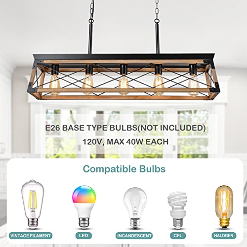 Aivvus 37.8 inch Farmhouse Wood Chandeliers, Rectangle 5 Lights Dining Room Lighting Fixtures Hanging, Kitchen Island Cage Industrial Pendant Light, Rustic Linear Chandelier Ceiling Light, Adjustable | The Storepaperoomates Retail Market - Fast Affordable Shopping