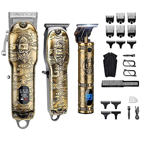 Suttik Haircut Clippers and Trimmers Set of 3, Cordless Ornate Hair Clippers for Men Professional Barber Clippers for Hair Cutting Kit with T-Blade Beard Trimmer Set, Knight, LED Display(Gold)