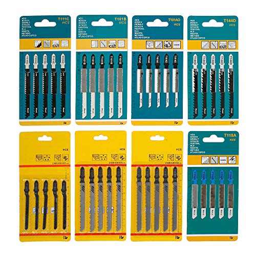 40 pcs Jigsaw Blades Set Straight and Fast Cuts for Wood Plastic and Metal Cutting Fit Bosch, Dewalt, Hitachi, Includes 8 Type of T101AO, T101B, T101BR, T101D, T111C, T118A, T119BO, T144D