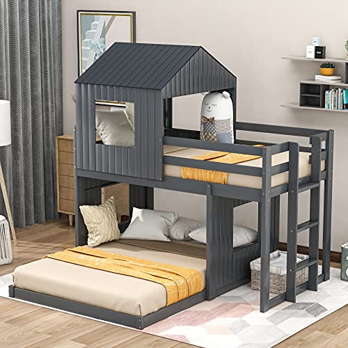 Merax House Shaped Solid Wood Bunk Bed with Roof, Window, Guardrail and Ladder for Kids, Teens, Girl or Boys Loft, Twin Over Full, Gray