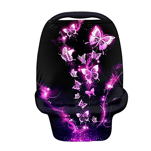 Jiueut Purple Butterflies Baby Car Seat Cover Canopy and Nursing Cover Multi-Use Stretchy,Car Seat Cover for Babies