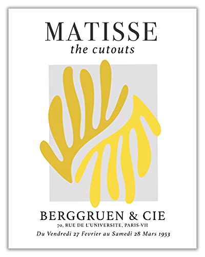 Matisse-Inspired No.25 Exhibition Wall Art Print. 11×14 UNFRAMED Abstract, Minimalist Modern Wall Decor. Cut-Out Botanical Shapes in Shades of Grey, Gold & Yellow on White.