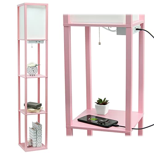 Simple Designs LF1037-LPK Organizer Storage Shelf with 2 Ports, 1 Charging Outlet and Linen Shade USB Etagere Floor Lamp, Light Pink