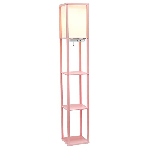 Simple Designs LF1037-LPK Organizer Storage Shelf with 2 Ports, 1 Charging Outlet and Linen Shade USB Etagere Floor Lamp, Light Pink | The Storepaperoomates Retail Market - Fast Affordable Shopping
