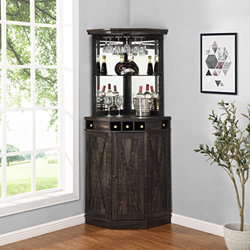 Home Source Charcoal Corner Bar Unit with Built-in Wine Rack and Lower Cabinet