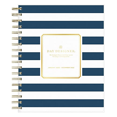 Day Designer for Blue Sky 2022 Daily & Monthly Planner, 8″ x 10″, Frosted Flexible Cover, Wirebound, Navy Stripe (103622-22)