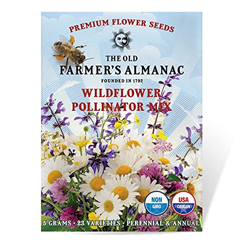 The Old Farmer’s Almanac Premium Wildflower Seeds (Pollinator Mix – 23 Varieties) – Premium Non-GMO, Open Pollinated, USA Origin – Columbine, Cosmos, Foxglove, Larkspur, Poppy, Snapdragon, Zinnia, Etc. – Attracts Butterflies, Bees & Hummingbirds