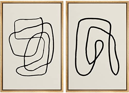 SIGNWIN Framed Wall Art Print Set Black Lines Over Tan Plain Background Abstract Swirly Cozy Neutral Modern Art Mid-Century Modern Expressive for Living Room, Bedroom, Office – 16″x24″x2 Panels