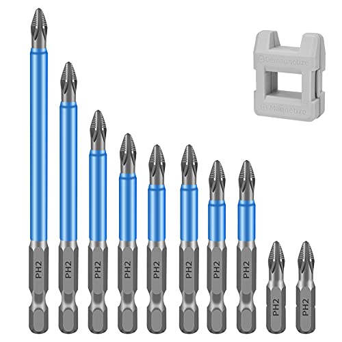 BAYTORY 10-Piece Magnetic Anti-Slip Screwdriver Bits with 1-Piece Magnetize Corrector Tool, 1/4 inch Hex Shank PH2 Phillips Screw Head 25-150mm Long Electric Cross Drill Bit Set