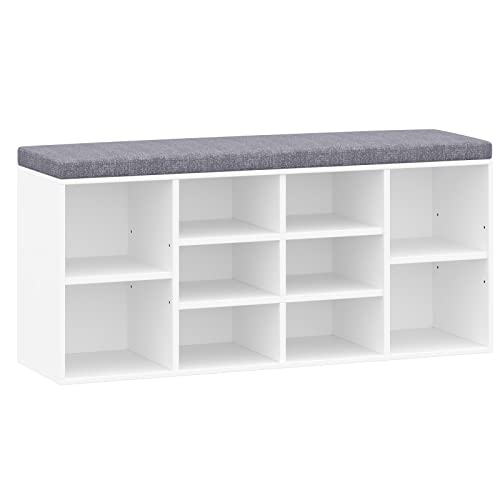 Irontar Cubby Storage Bench with Adjustable Shelf, Entryway Shoe Storage Bench with Cushion, Shoe Rack Bench for Entryway, Bedroom, Living Room, Holds up to 440 lb, White HXD002W