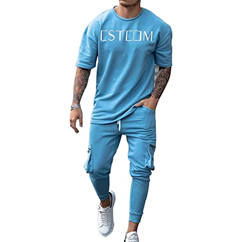 TZIISOA Men’s Tracksuits 2 Piece Outfit Casual Short Sleeve Sweat(3XL, Blue)