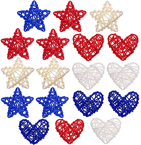 4th of July Star Heart Shaped Rattan Heart Wicker Balls Decoration, Red Blue White Rattan Balls for Patriotic Independence Day Home Decor DIY Vase Filler Ornament Wedding Table Decor, 18PCS 2.36 Inch