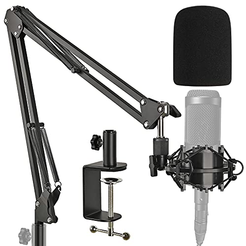 AT2020 Mic Stand with Shock Mount and Pop Filter, Suspension Scissor Boom Arm with Upgraded Heavy Duty Clamp for Audio Technica AT2020 AT2020USB+ AT2035 Condenser Studio Microphone Frgyee