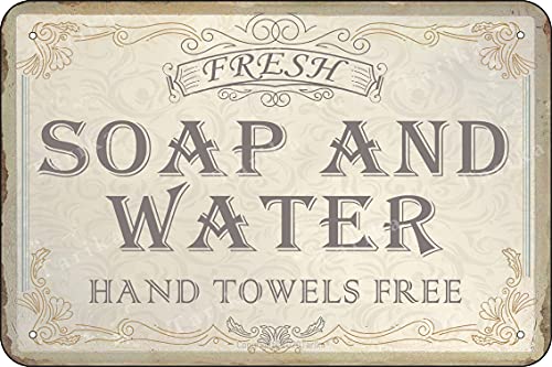 Fresh Soap and Water Hand Towels Free Tin 20X30 cm Retro Look Decoration Art Sign for Home Bathroom Farm Garden Garage Funny Wall Decor