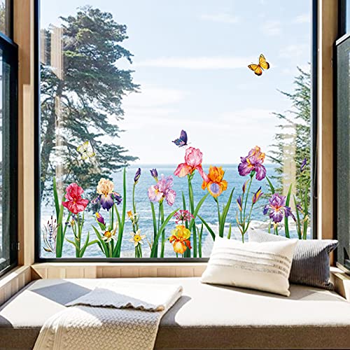 decalmile Garden Flower Window Clings Double Sided Iris Daffodil Floral Window Decals Glass Window Doors Window Stickers Gifts for Mom