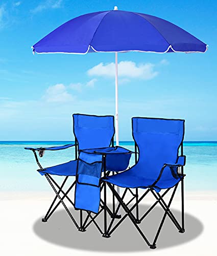 MAT Expert Folding Double Camp Chair w/Removable Umbrella, Portable Picnic Chair w/Mini Table, Chair Set w/Beverage Holder, Portable Loveseat Camp Chairs for Beach/Backyard/Poolside/Park