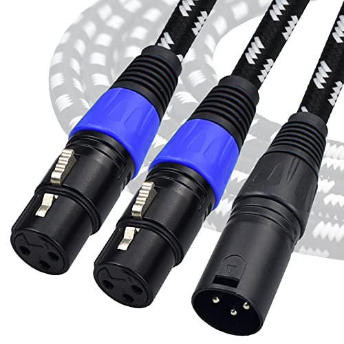 Mugteeve XLR Splitter Y Cable 2 Female to 1 Male, Balanced XLR Breakout Patch Cable Left and Right Dual XLR Female to Single XLR Male, Nylon Braided Heavy Duty, Noise Free, for Mixer/AMP/DMX, 10FT