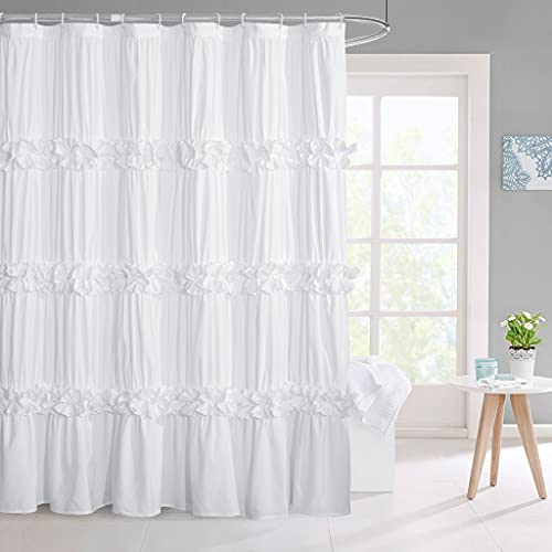 HIG Ruffled Farmhouse Shower Curtain, White Frilly Feminine Bathroom Curtain with 3 Rows of Handmade Butterfly Flowers, Elegant Cloth Bath Curtain for Bathroom Decor, 72″ x 72″, Microfiber (Westbury)