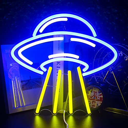 UFO Alien Spaceship LED Neon Light Signs Blue Yellow Neon Lights for Bedroom Acrylic Neon Wall Light Signs for Kids Astronomy Lovers School Science Museum Decoration，Game Room Decor,Aesthetic Room Decor，Living Room Decor