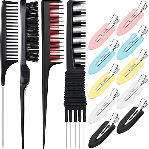 14 Pieces Hair Styling Comb Set Rattail Comb Pintail Comb Triple Teasing Comb Hair Combs Kit with 10 Pieces Duckbill Hair Clips for Hair Stylist Women Girls