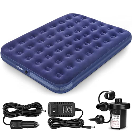 Giftway Camping Air Mattress Queen with Electric Air Pump – Puncture Resistant AirBed with Waterproof Flocked Top – Inflatable Bed Blow Up Mattress with Patch Kit – Inflatable Mattress for Home/Travel