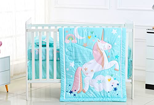 Baby Bees 4 Pieces Flying Unicorn Crib Bedding Sets | Baby Bedding Set of Crib Fitted Sheet, Quilt, Dust Ruffle & Pillow Cover for Standard Size Crib (Paste, 4), (CBS-FLYING-UNICORN)