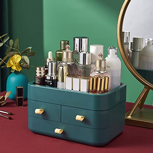 MIUOPUR Makeup Organizer with Drawers, Countertop Organizer for Cosmetics, Ideal for Bathroom and Bedroom Vanity Countertops, Desk Storage Holder for Lipstick, Brushes, Nail Polish and Jewelry -Green.
