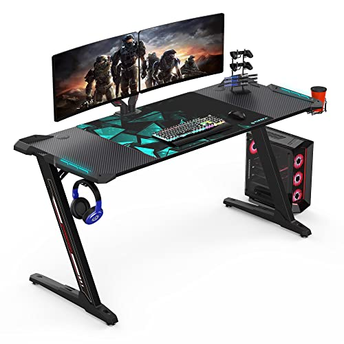 It’s_Organized Gaming Desk 60 inch,Racing Style Gaming Computer Desk with RGB LED Lights,Z Shaped Professional Gamer Workstation with Mouse Pad,Handle Rack,Cup Holder,Headphone Hook,Black