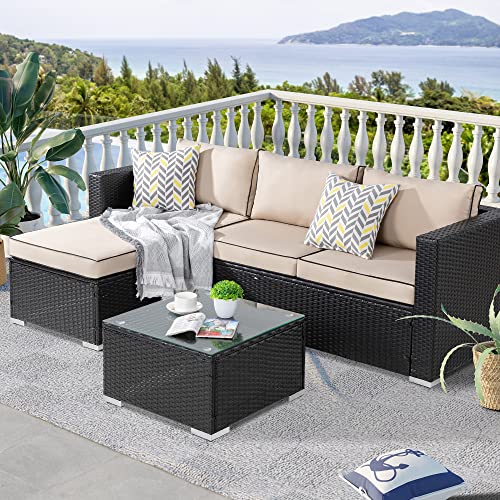 SUNLEI Outdoor Furniture Patio Sets,Low Back All-Weather Small Rattan Sectional Sofa with Tea Table&Washable Couch Cushions&Upgrade Wicker(Black Rattan)(Khaki)