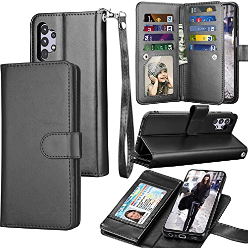 Galaxy A32 5G Case, Galaxy A32 5G Wallet Case, Tekcoo Luxury PU Leather Cash Credit Card Slots Holder Carrying Folio Flip Cover [Detachable Magnetic Hard Case] Kickstand for Samsung A32 5G [Black]