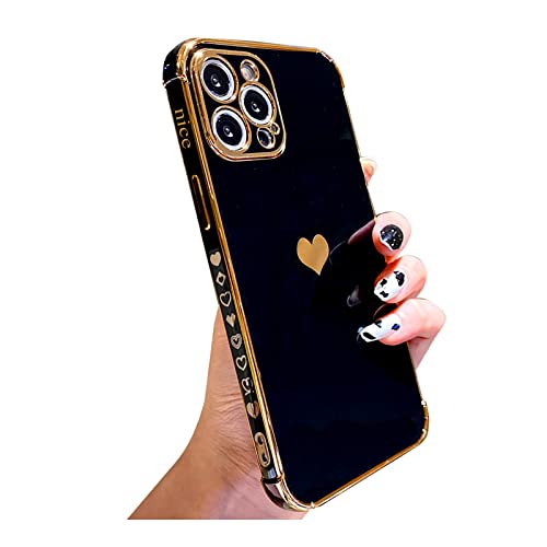 SPOBIT Compatible for iPhone 12 Pro Max 6.7 Inch Case Plating Love Heart Phone Case, Fun Cute Side Small Pattern Soft TPU Airbag Anti-Fall Shockproof Camera Protective Electroplated Case – Black