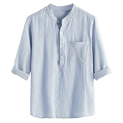 Long Sleeve Tee Shirts for Men Button Down Tops Beach Linen Striped Fishing Tees Spread Collar Plain Summer Blouses