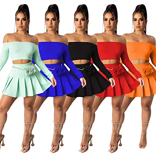 2 Piece Skater Skirt Sets for Women Long Sleeve Off Shoulder Crop Top and Tennis Pleated Short Skirt(Blue,XL) | The Storepaperoomates Retail Market - Fast Affordable Shopping