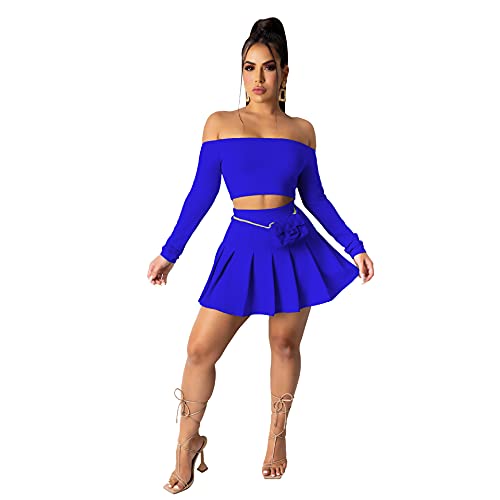 2 Piece Skater Skirt Sets for Women Long Sleeve Off Shoulder Crop Top and Tennis Pleated Short Skirt(Blue,XL) | The Storepaperoomates Retail Market - Fast Affordable Shopping