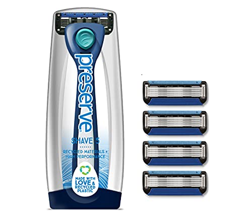 Preserve Shave 5 Five Blade Refillable Razor, Made from Recycled Materials, Navy Blue and Preserve Five Blade Replacement Cartridges for Preserve Shave Five Recycled Razor (4 Count) Bundle