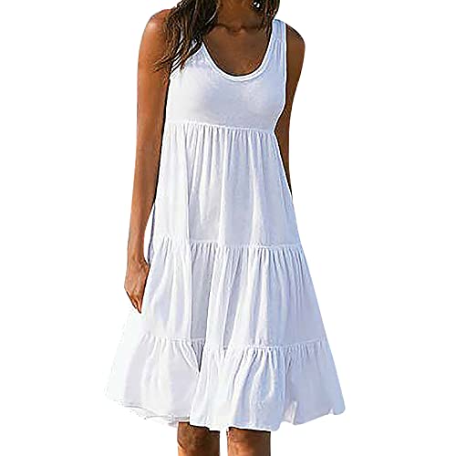 Tank Dress for Women Summer Flowy Pleated Midi Dress Solid Color Sleeveless Swing Tiered Dress Party Beach Dress