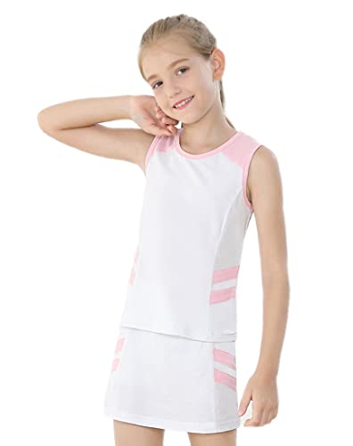 EXARUS Girls Tennis Outfit Golf Dress Kids Sleeveless Tank Top and Skirt Skorts with Shorts Pockets White 8 Years