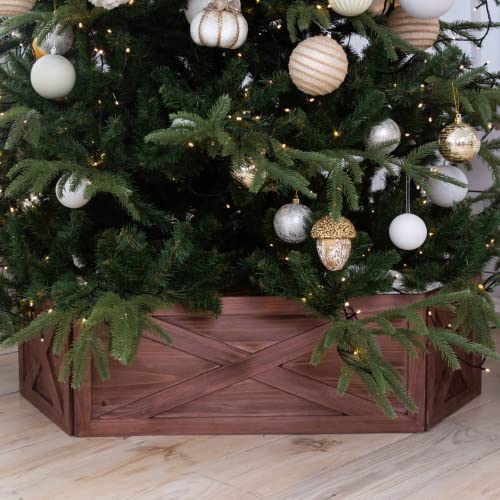 Wooden Tree Collar Box – Christmas Tree Box Stand Farmhouse Rustic Decor. Vintage Weathered Wood Decoration (Folding, Brown)