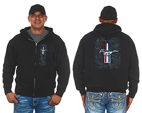 JH DESIGN GROUP Mens Ford Mustang Tri-Bar Pony Distressed Collage Zip-Up Hoodie (Black, Large, l)