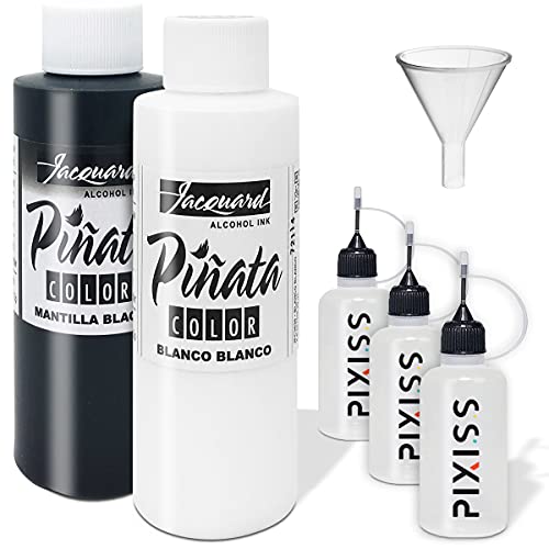 Jacquard Pinata Blanco and Mantilla Black Bundle – Black and White Colors (4-Ounce Bottles), 3 Pixiss 20ml Needle Tip Applicator and Refill Bottles and 1.5 inch Funnel Bundle for Yupo and Resin